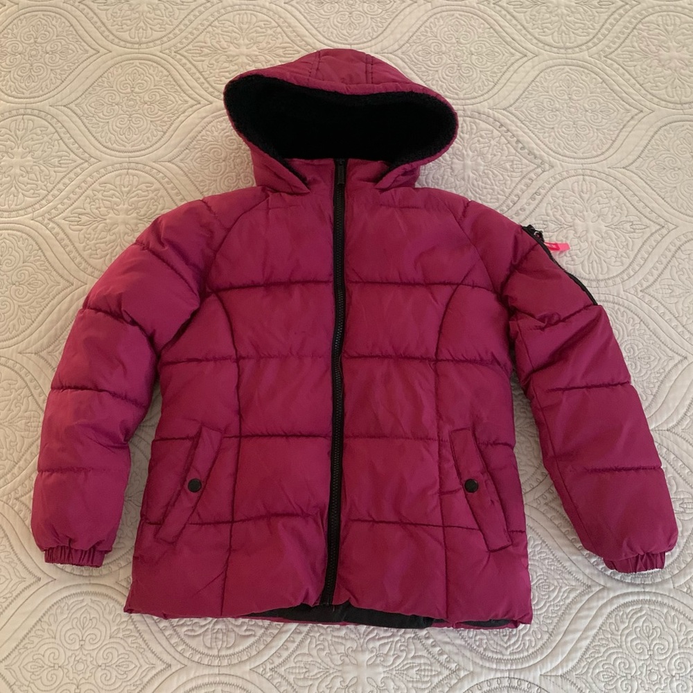Pink girls puffer jacket with fleece lined hood